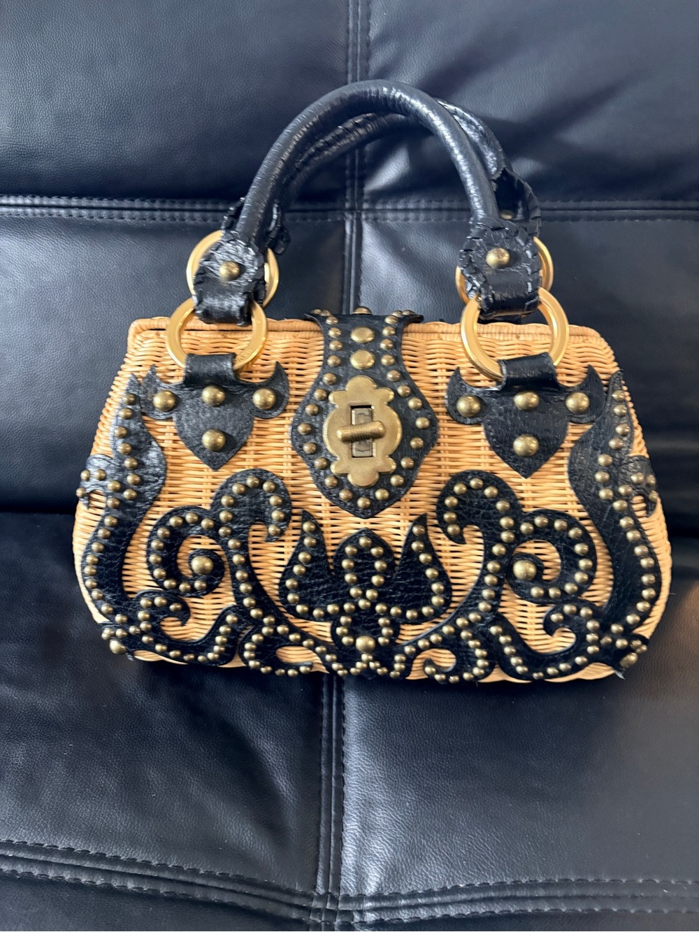 Vintage Isabella Fiore Wicker Basket Satchel Studded Black Leather Brass